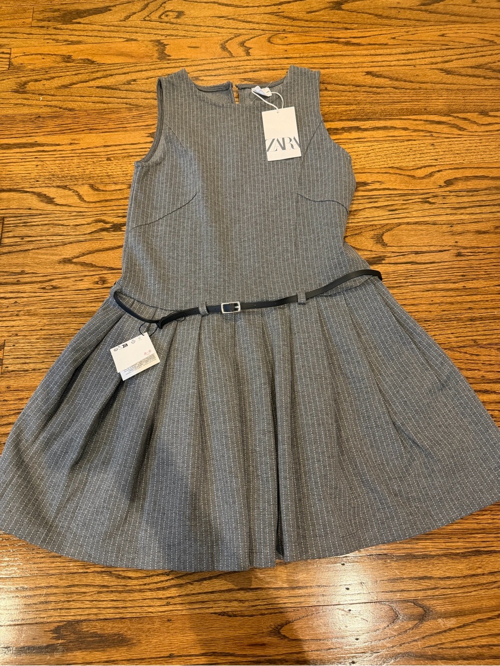 Zara Kids Gray Pinstripe Fit-and-Flare Dress with Belt NWT